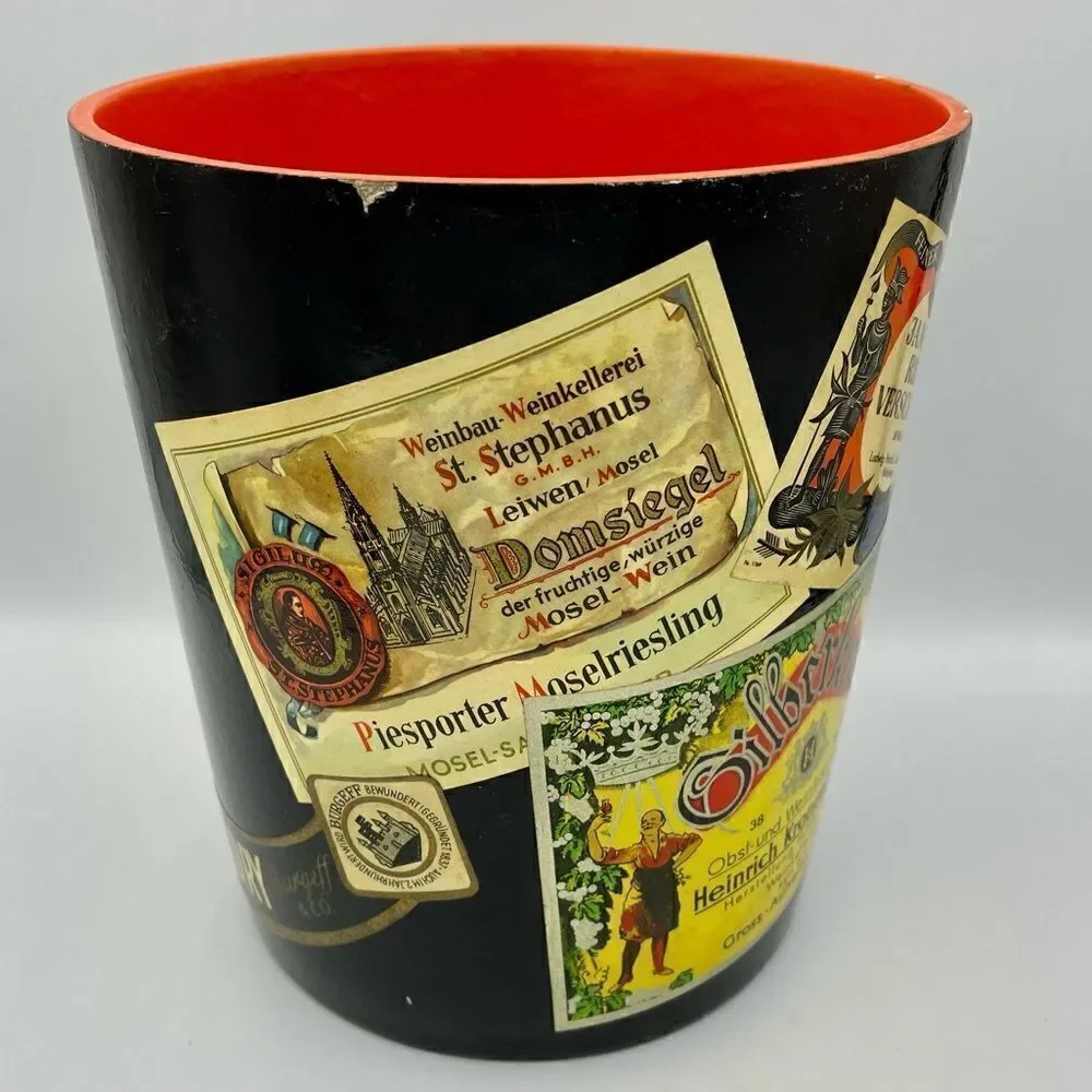 MidCentury W German Alcohol Label Decoupage Enameled Champagne Bucket & Coasters